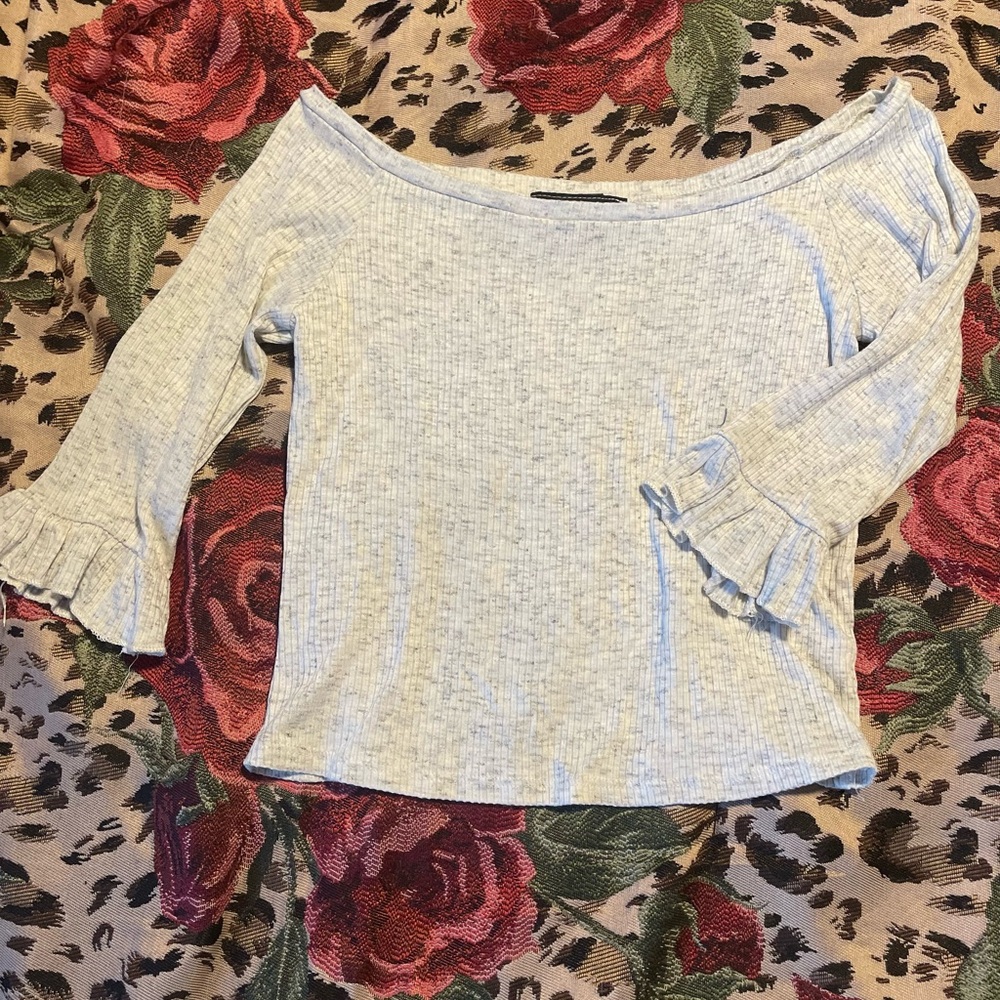 Gray Ruffled Tie Front Blouse with Long Sleeves